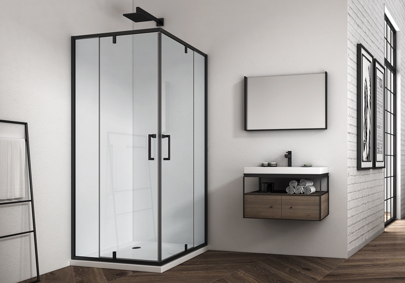 EX-309-3 گوشه 6 میلی متری 2 شیشه ثابت + 2 لولای شیشه ای درب به علاوه کابین دوش با روکش مشکی مات